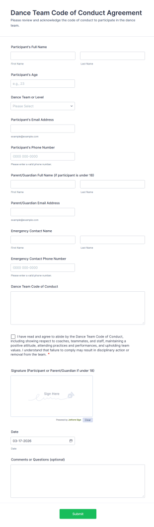 Dance Team Code Of Conduct Agreement Form Template