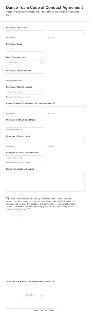 Dance Team Code Of Conduct Agreement Form Template