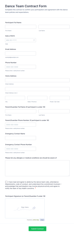Dance Team Contract Form Template