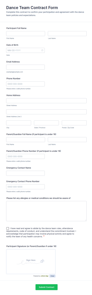 Dance Team Contract Form Template