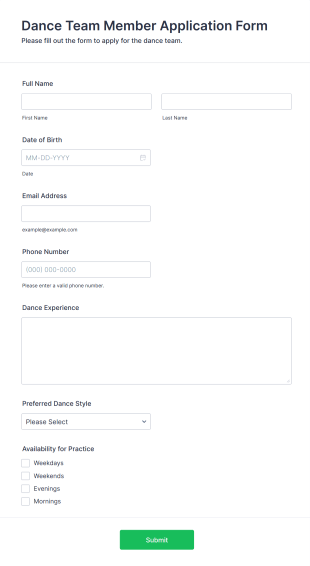 Dance Team Member Application Form Template