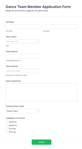 Dance Team Member Application Form Template