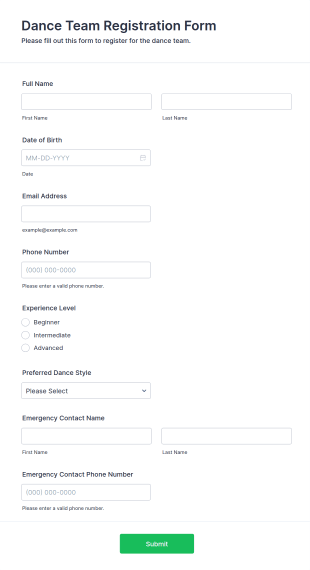 Dance Team Registration Form Template