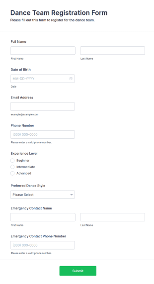 Dance Team Registration Form Template