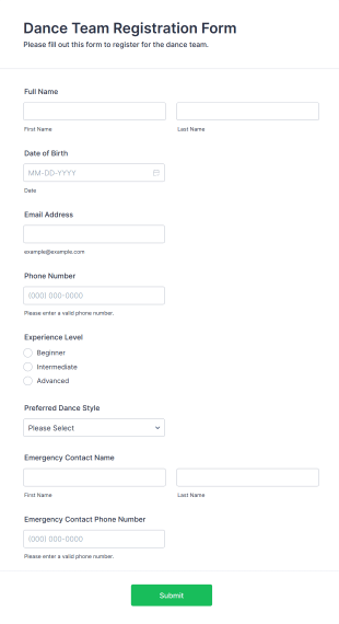 Dance Team Registration Form Template