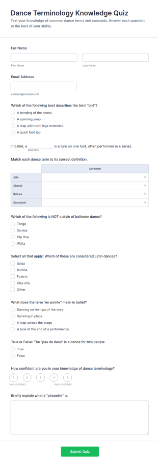 Dance Terminology Knowledge Quiz Form Template