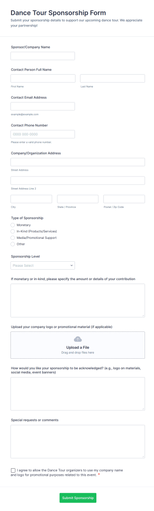Dance Tour Sponsorship Form Template