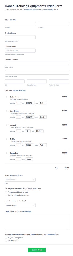 Dance Training Equipment Order Form Template