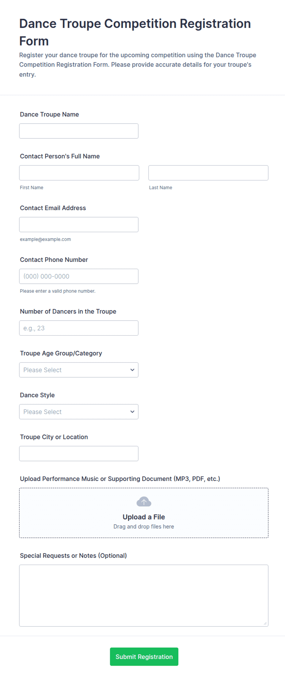 Dance Troupe Competition Registration Form Template | Jotform
