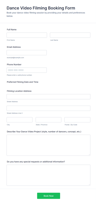 Dance Video Filming Booking Form Template