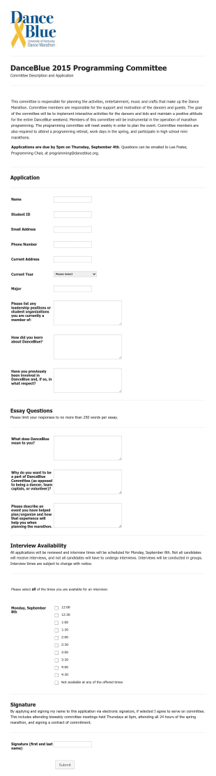 Danceblue 2016 Programming Committee Form Template
