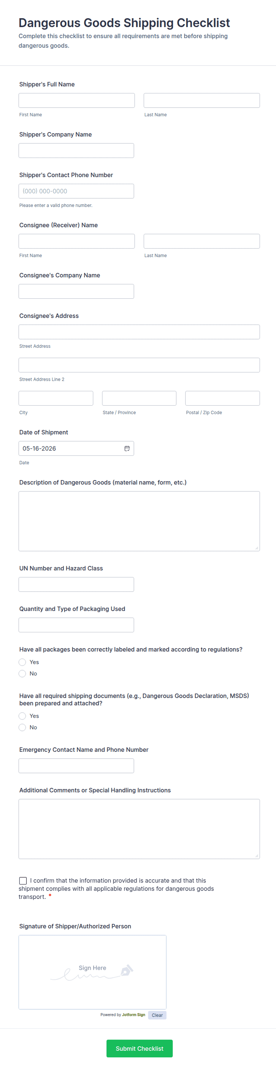 Dangerous Goods Shipping Checklist Form Template | Jotform