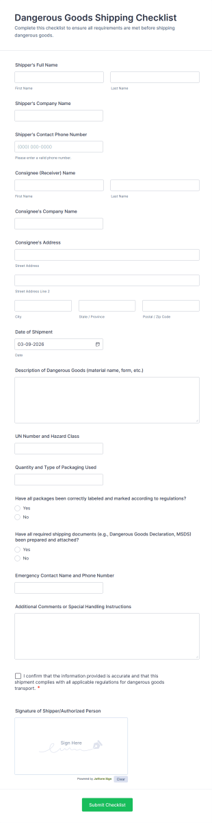 Dangerous Goods Shipping Checklist Form Template