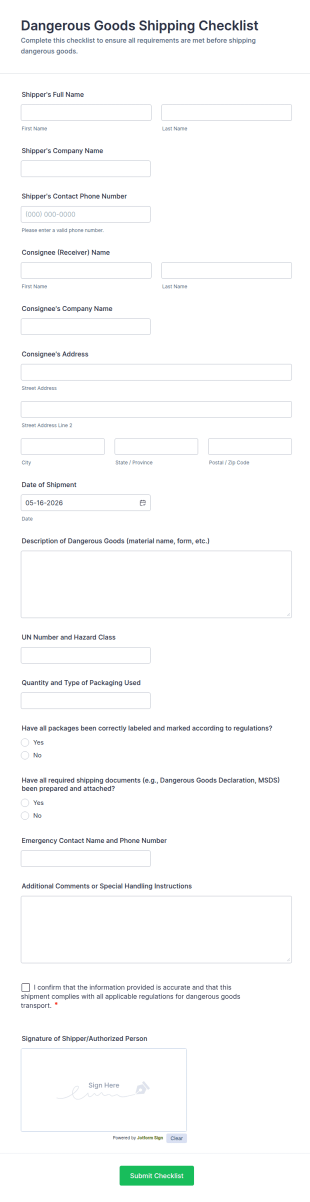 Dangerous Goods Shipping Checklist Form Template