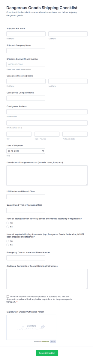 Dangerous Goods Shipping Checklist Form Template