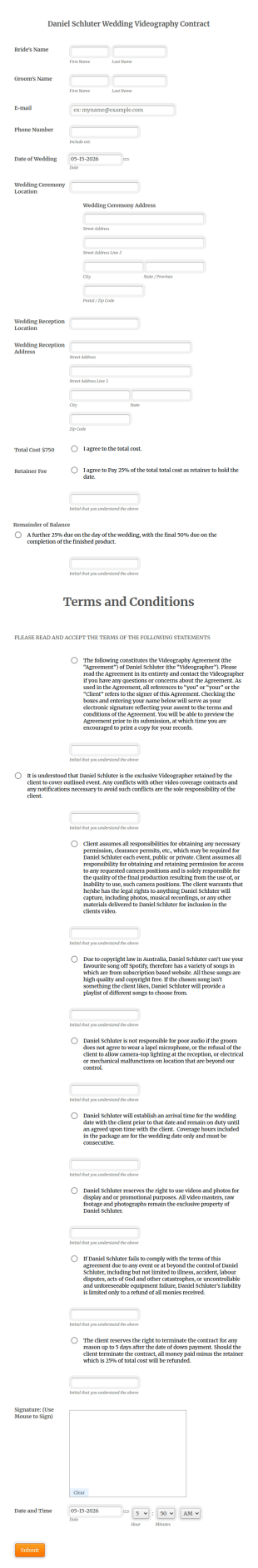 Daniel Schluter Wedding Videography Contract Form Template