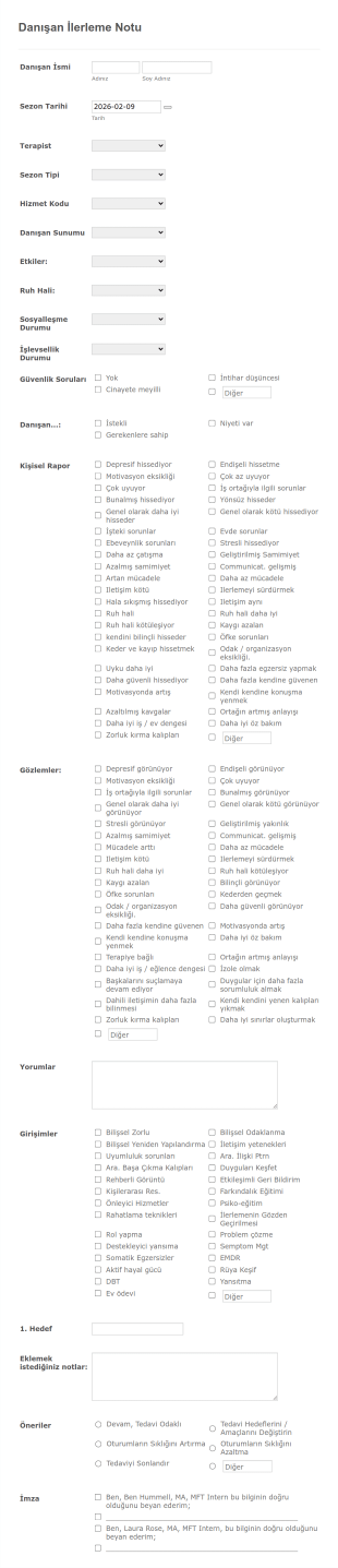 Danışan Geliştirme/İlerleme Notları Form Şablonu