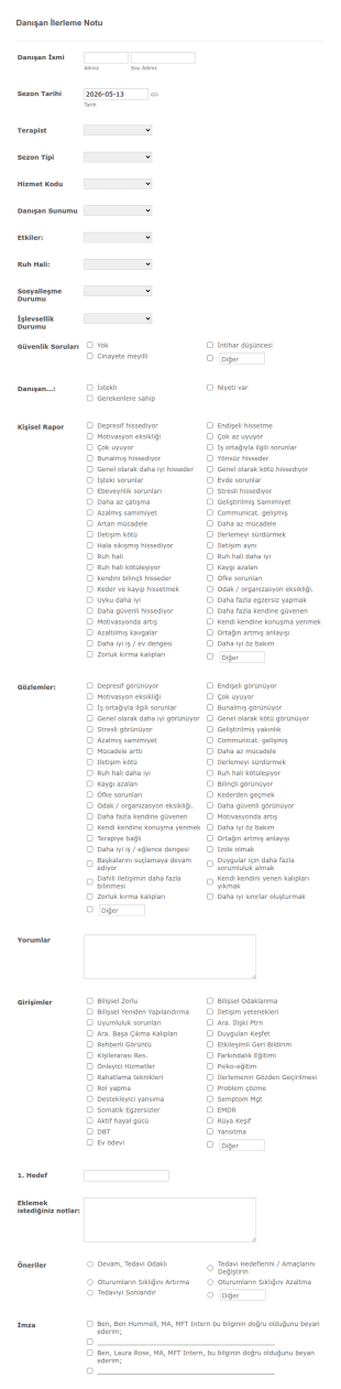 Danışan Geliştirme/İlerleme Notları Form Şablonu