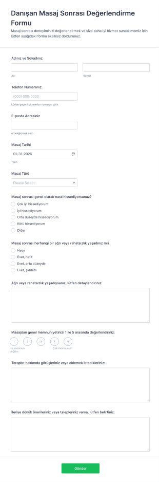 Danışan Masaj Sonrası Değerlendirme Form Şablonu