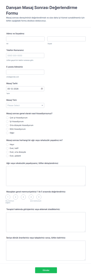 Danışan Masaj Sonrası Değerlendirme Form Şablonu