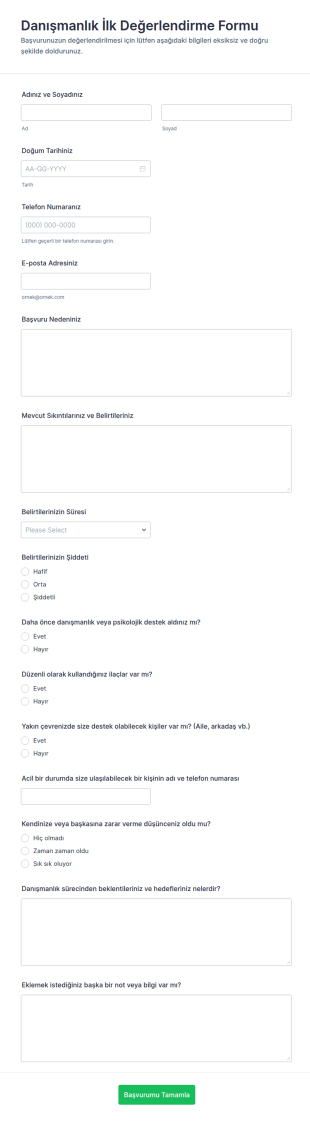 Danışmanlık İlk Değerlendirme Anketi Form Şablonu