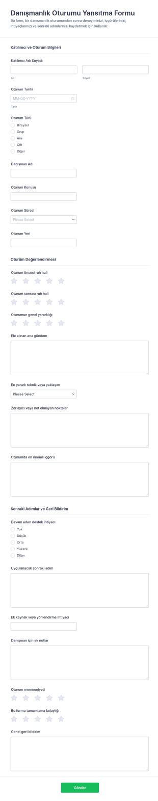 Danışmanlık Oturumu Değerlendirme Form Şablonu