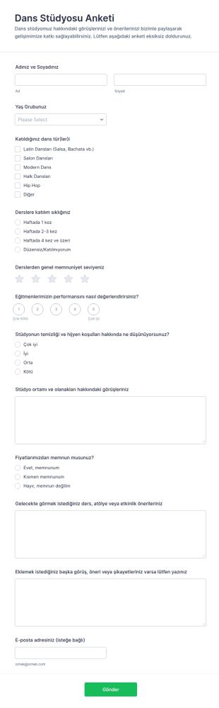 Dans Stüdyosu Anketi Form Şablonu