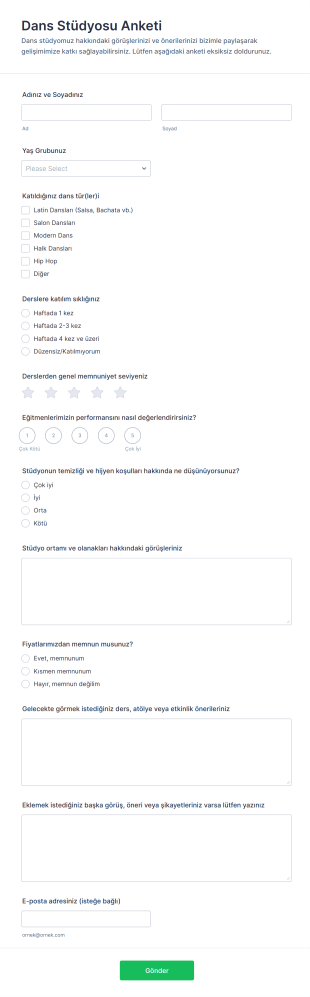 Dans Stüdyosu Anketi Form Şablonu