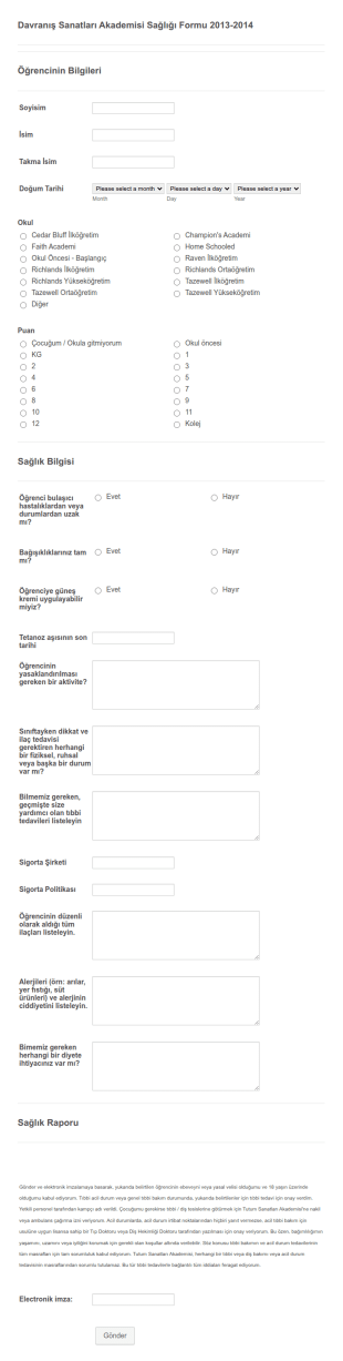 Dans Stüdyosu Kayıt Form Şablonu