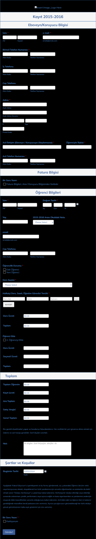 Dans Stüdyosu Öğrenci Kayıt Form Template