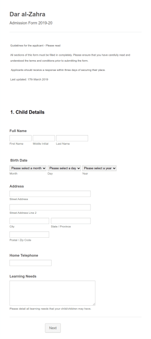 Dar Al Zahra | Admission Form ( 2019 20 )