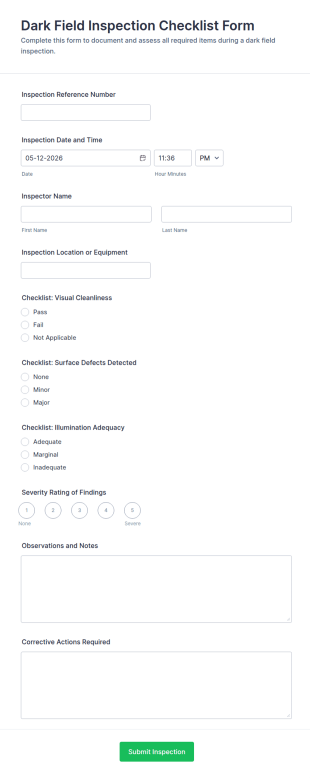 Dark Field Inspection Checklist Form Template
