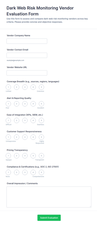 Dark Web Risk Monitoring Vendor Evaluation Form Template