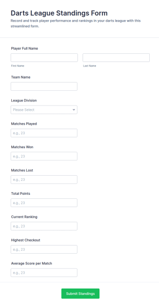 Darts League Standings Form Template