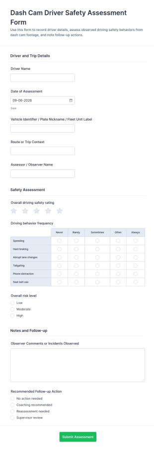 Dash Cam Driver Safety Assessment Form Template