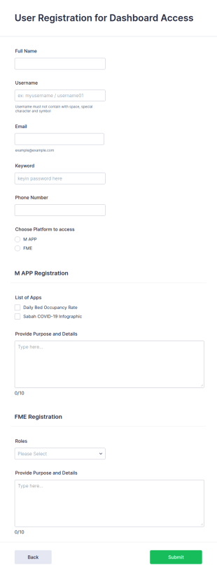 User Registration Form For Dashboard Access