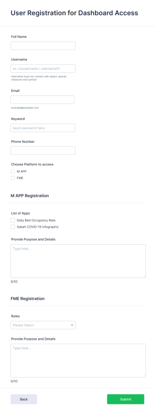 User Registration Form For Dashboard Access