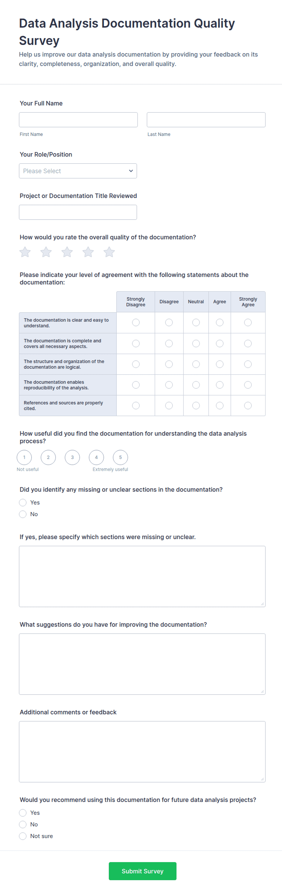 Data Analysis Documentation Quality Survey Form Template | Jotform