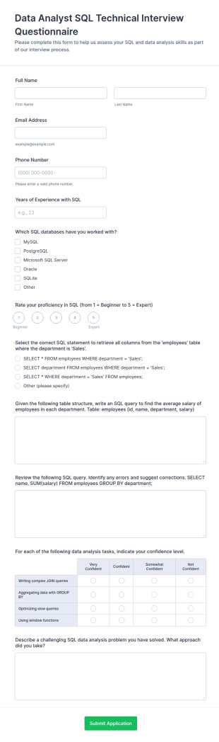 Data Analyst SQL Technical Interview Questionnaire Form Template