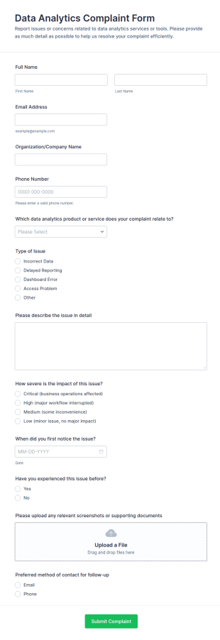 Data Analytics Complaint Form Template