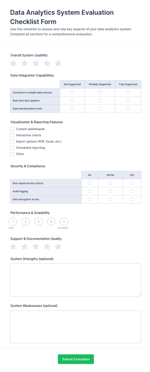 Data Analytics System Evaluation Checklist Form Template