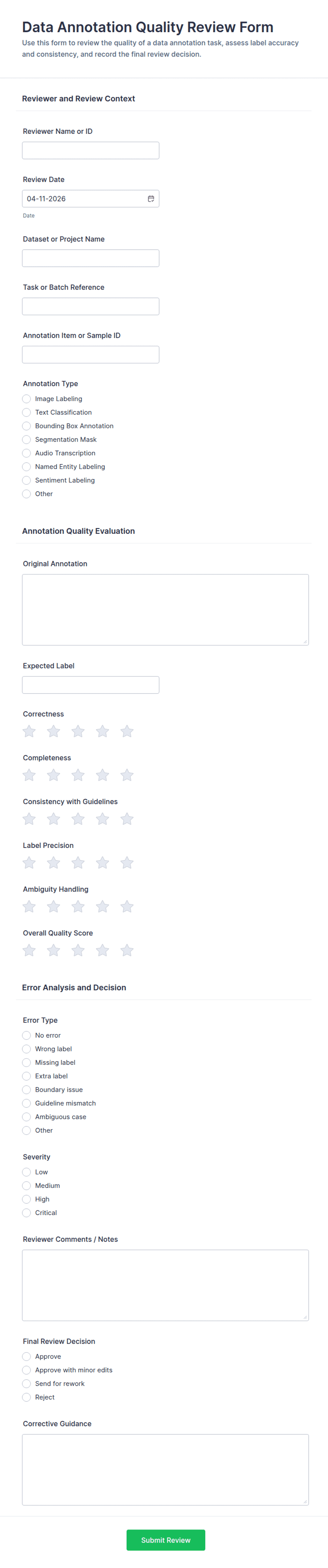 Quality Review Format Data Annotation Quality Review Form Template | Jotform
