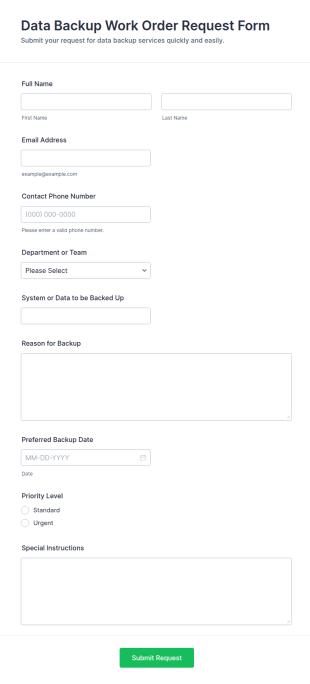 Data Backup Work Order Request Form Template