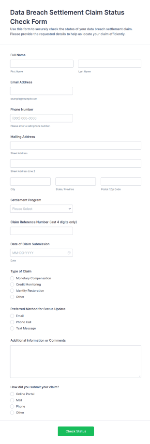 Data Breach Settlement Claim Status Check Form Template
