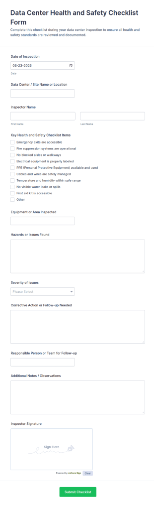 Data Center Health And Safety Checklist Form Template