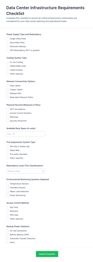 Data Center Infrastructure Requirements Checklist Form Template