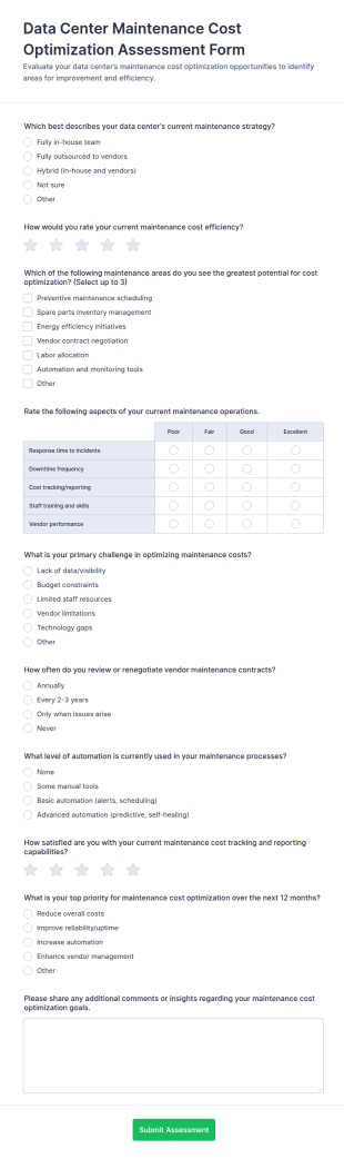 Data Center Maintenance Cost Optimization Assessment Form Template