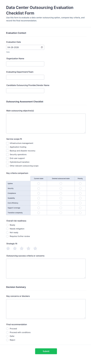 Data Center Outsourcing Evaluation Checklist Form Template