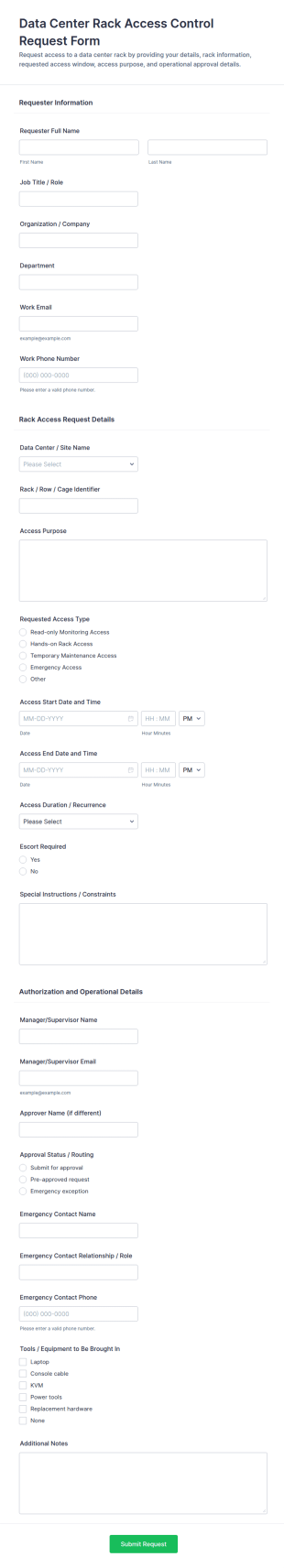 Data Center Rack Access Control Request Form Template