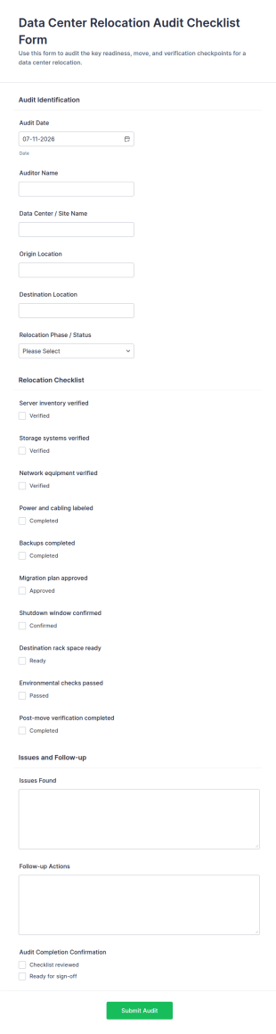 Data Center Relocation Audit Checklist Form Template